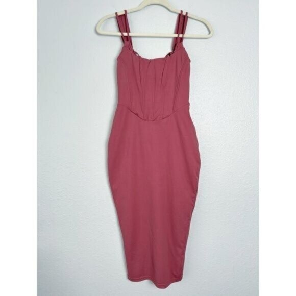 NWT Club L London terracotta square neck corset midi bodycon dress pink 2 - Picture 2 of 12